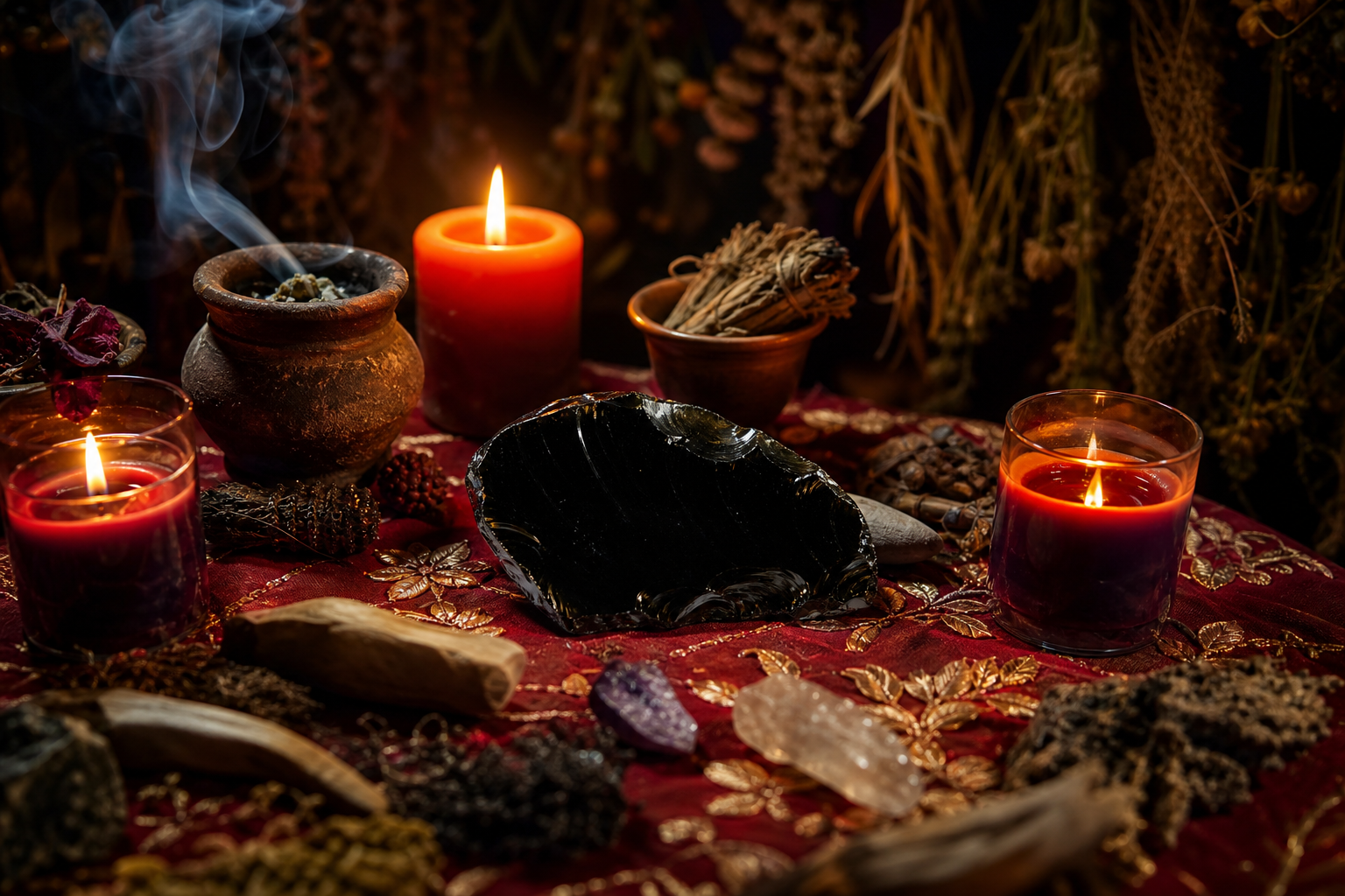 Altar ceremonial con veladoras rojas y moradas, copal humeante y obsidiana, representando la tradición de brujería azteca en Aurora IL