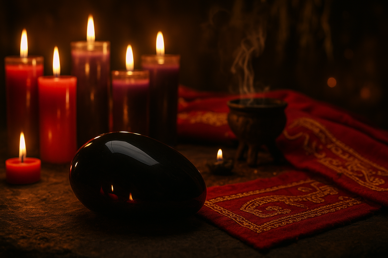Altar espiritual con veladoras rojas y moradas, copal humeante y obsidiana, representando la tradición de brujería azteca en East Moline, IL