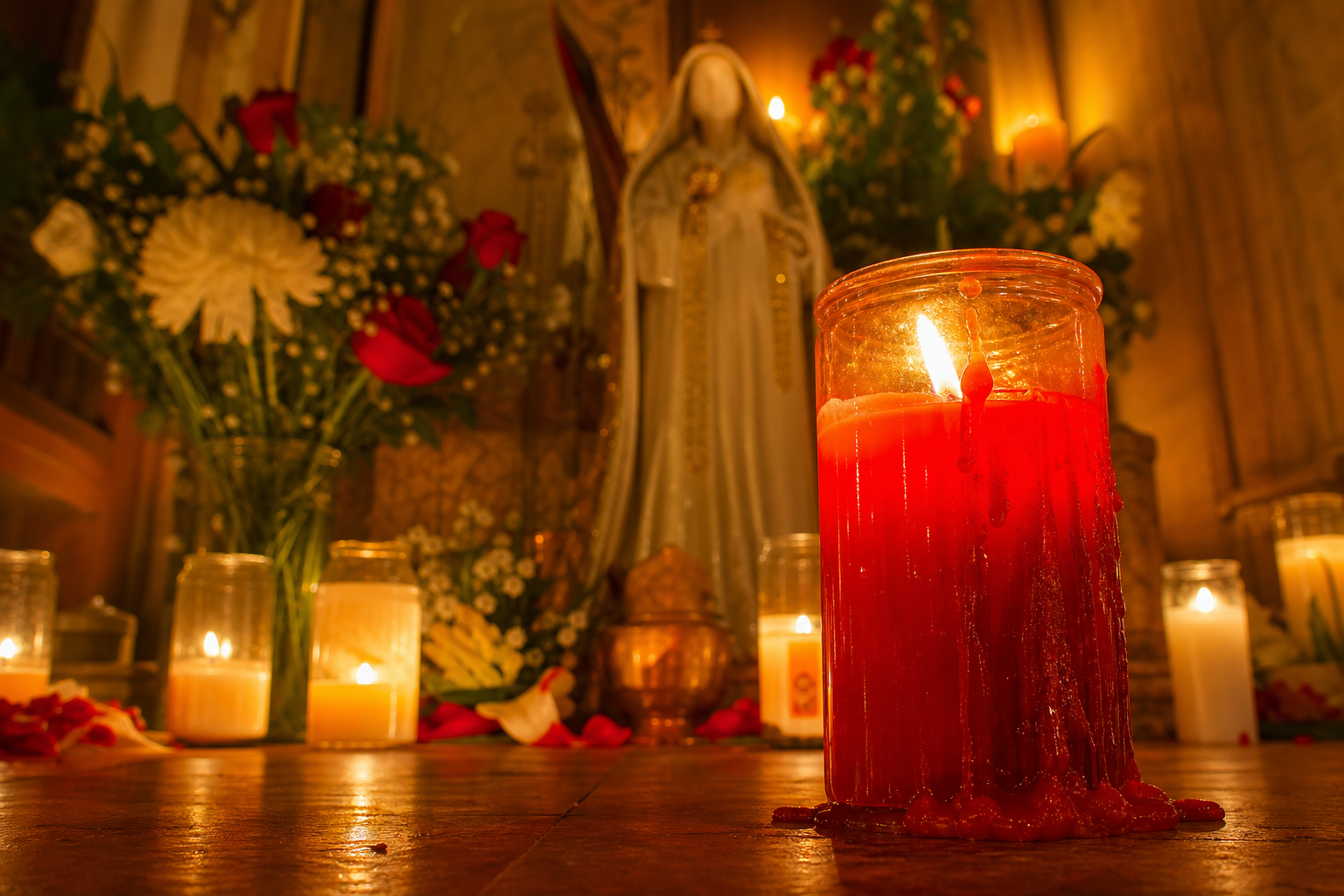 Altar con veladoras rojas y blancas, copal humeante y flores frescas en un centro espiritual en Aurora, IL