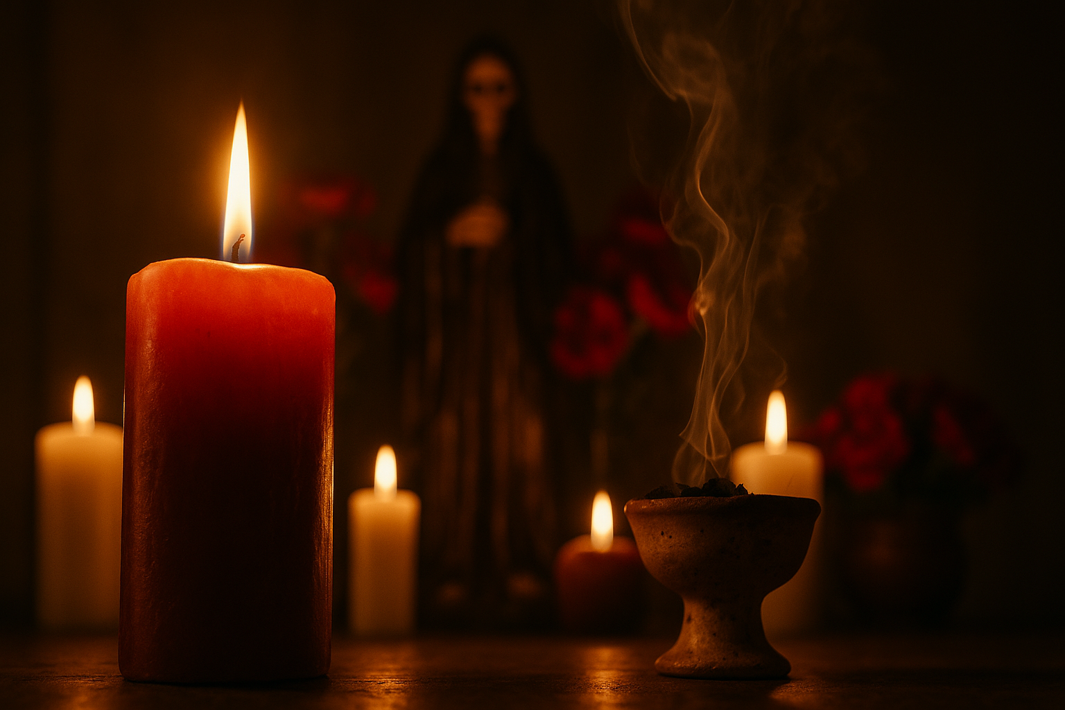 Altar con veladoras rojas y blancas, estatua de Santa Muerte y flores frescas en un centro espiritual en East Moline, IL