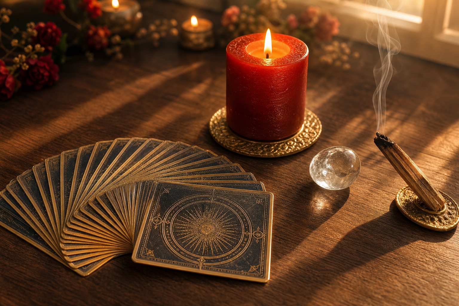 Lectura de cartas de tarot con veladora roja y cuarzo en Aurora, Illinois