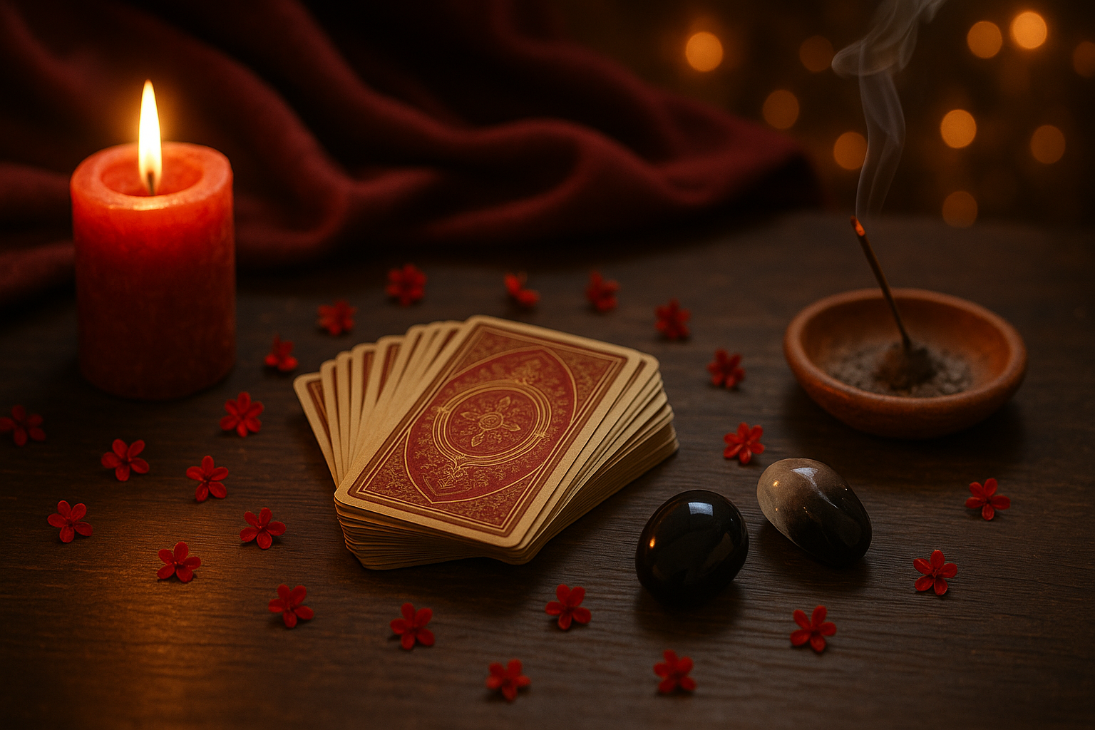 Lectura de cartas del tarot con veladora roja y cuarzo sobre tela roja oscura, en East Moline, IL