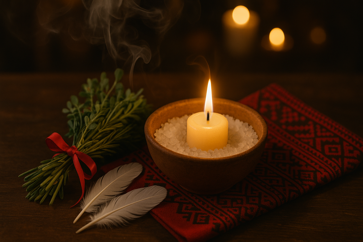 Limpieza espiritual con ruda, romero, sal gruesa y velas en un cuenco de barro sobre textil rojo con motivos aztecas, en East Moline IL