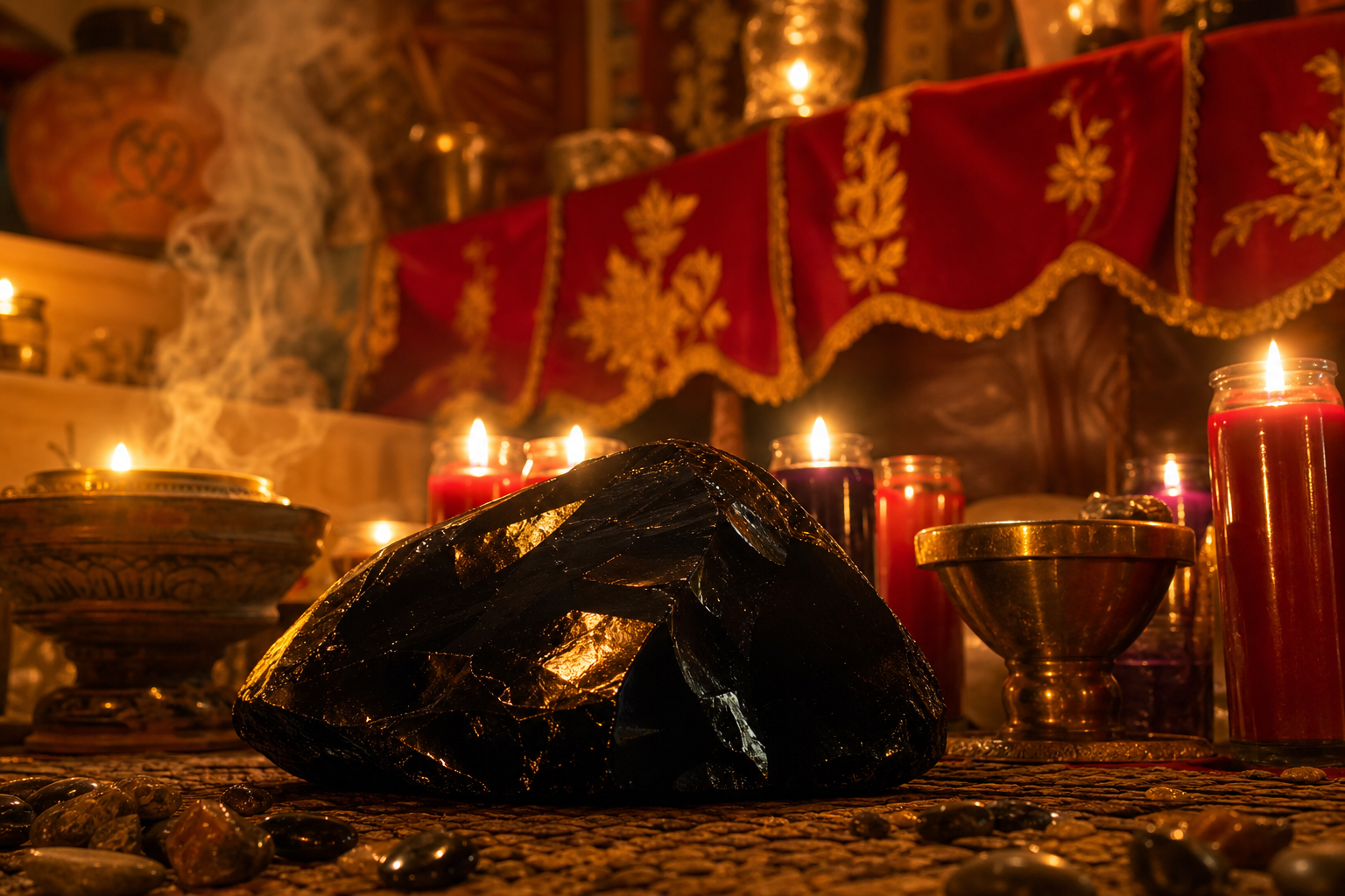 Altar con veladoras rojas y moradas, copal humeante y obsidiana en una botánica espiritual en Park City, IL
