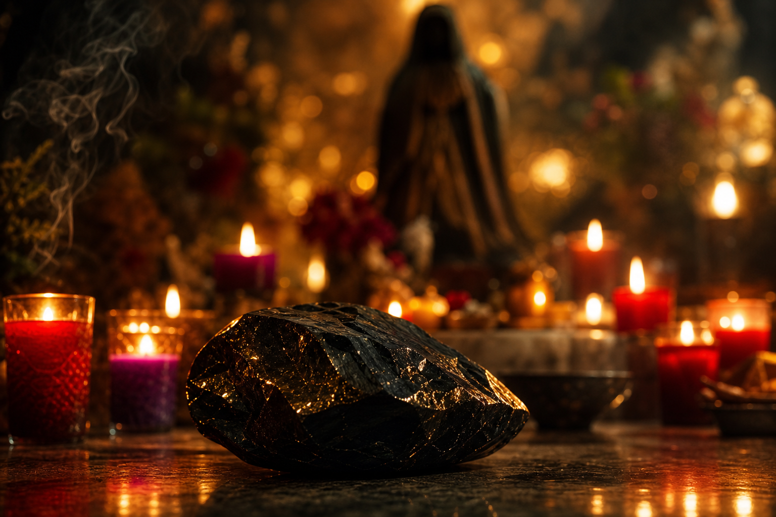 Altar ceremonial con veladoras rojas y moradas, copal humeante y obsidiana en una botánica espiritual en Posen, IL