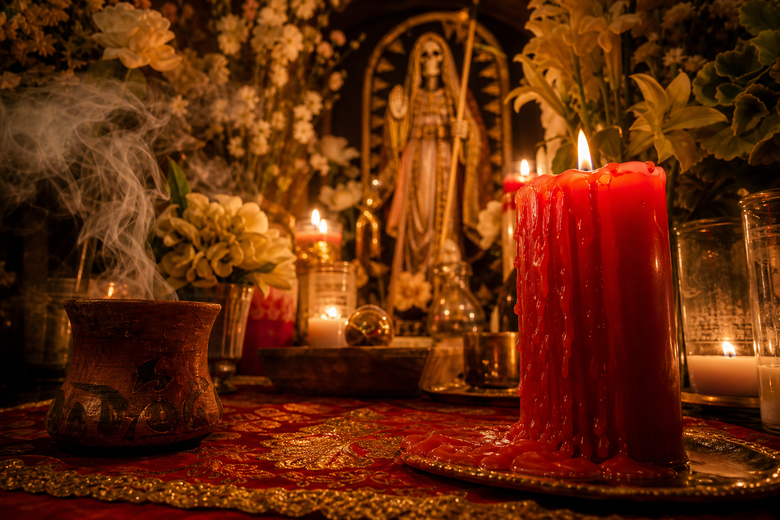 Altar espiritual con veladoras rojas y blancas, estatua de Santa Muerte al fondo, flores frescas y copal humeante en un centro espiritual en Park City, IL