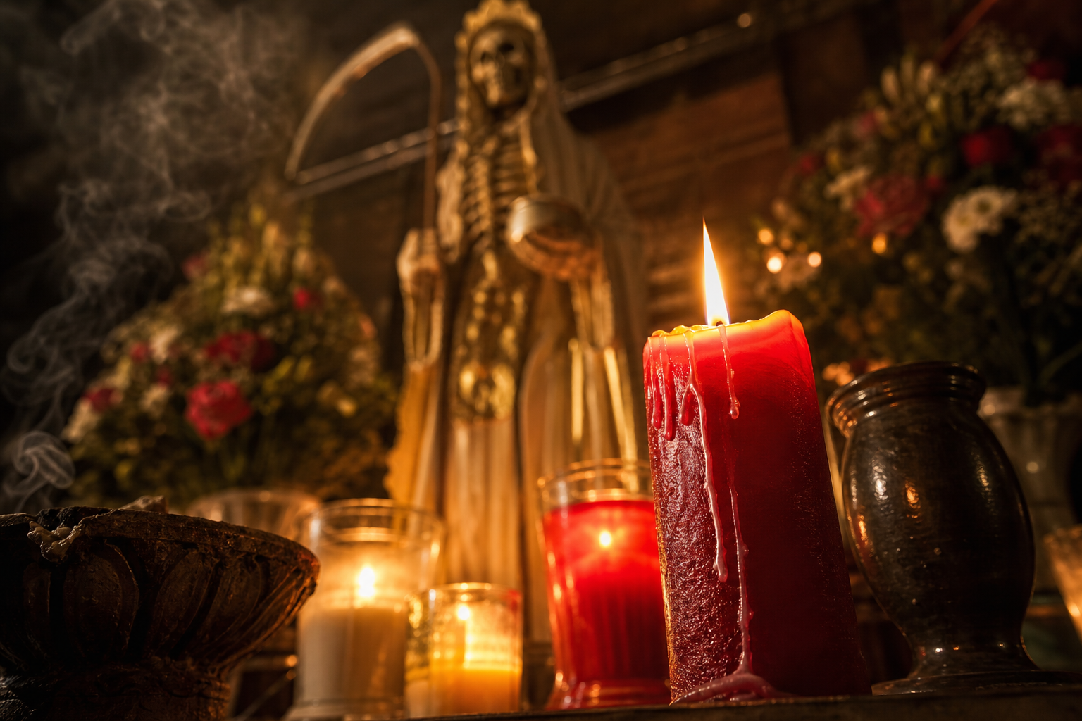 Altar espiritual con veladoras rojas y blancas, estatua de Santa Muerte y flores frescas en un centro espiritual en Posen, Illinois