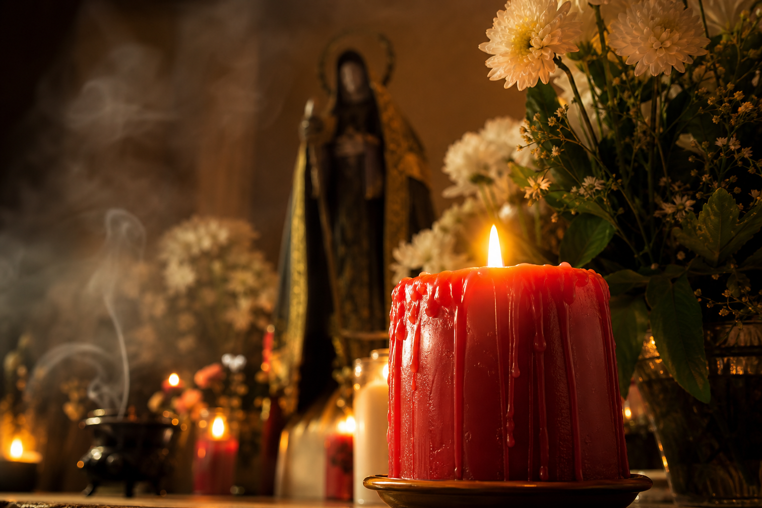 Centro espiritual en Waukegan IL con altar y veladoras preparadas
