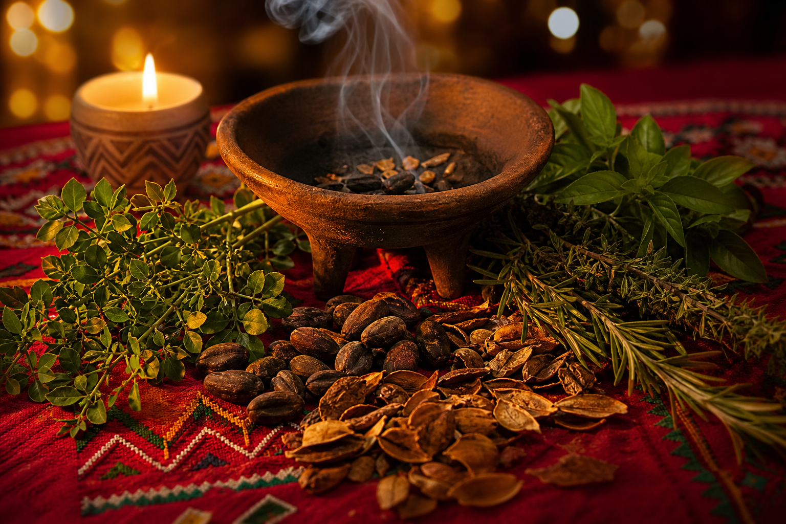 Curandero tradicional con hierbas y cuenco de barro en Posen, Illinois