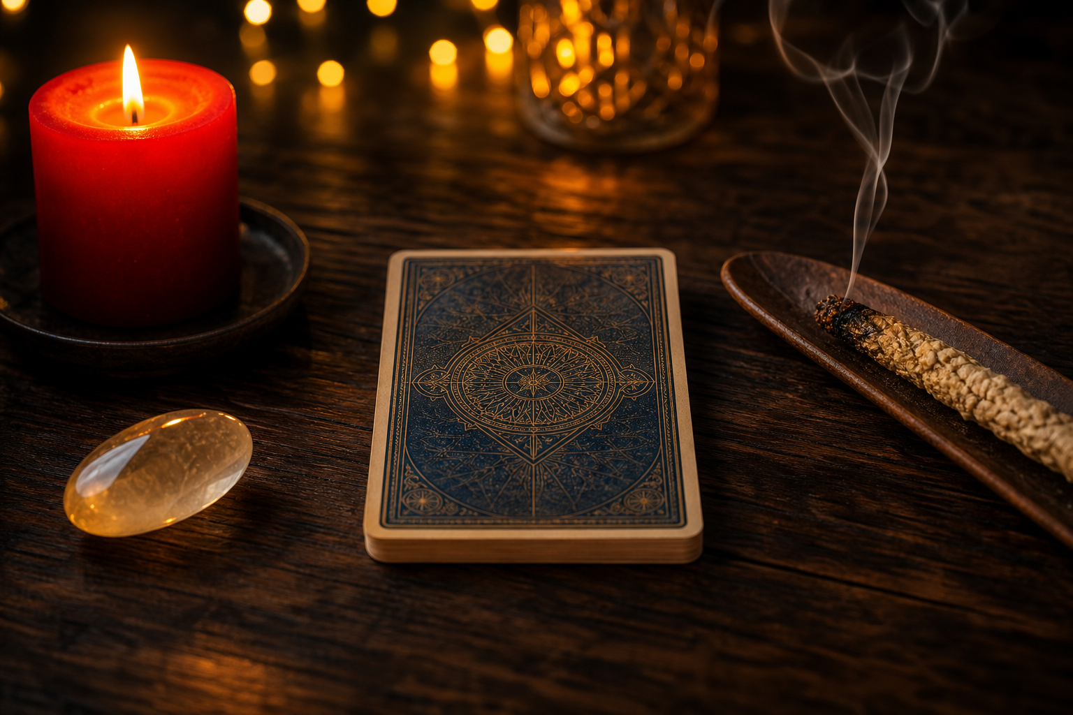 Lectura de cartas del tarot con veladora roja y cuarzo sobre tela roja oscura, en Park City, Illinois