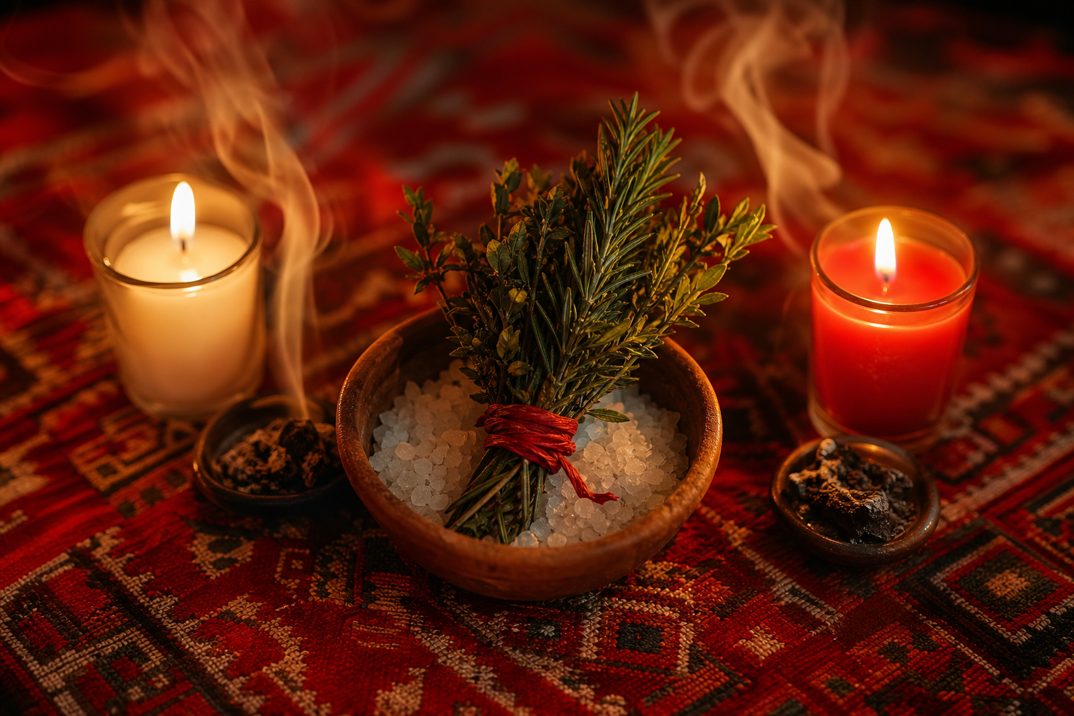 Limpieza espiritual a distancia con ruda, romero, sal gruesa y velas blancas y rojas sobre un textil rojo con motivos aztecas, en Park City, IL