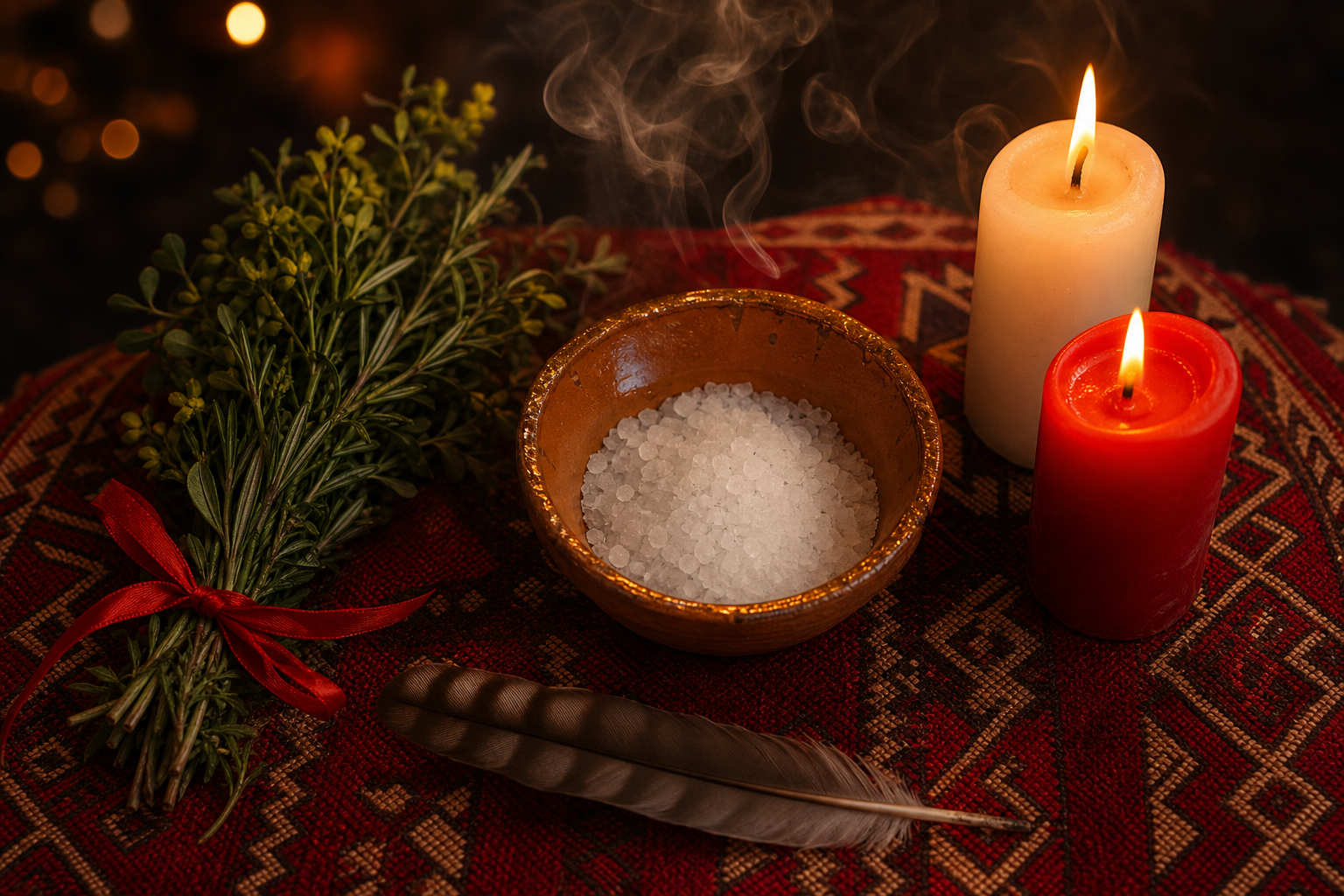 Limpieza espiritual con ruda, romero, sal gruesa y velas blancas y rojas sobre un textil rojo con motivos aztecas, en un ambiente de purificación y protección