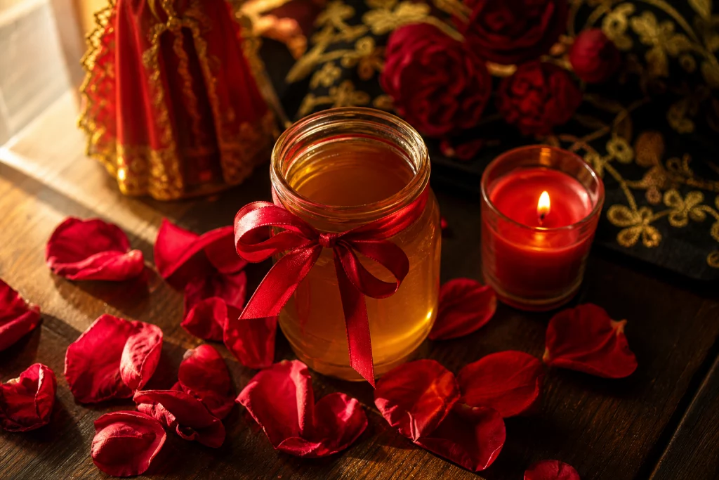 Altar de amarres de amor con veladora roja, miel, cinta roja y pétalos de rosa para atención espiritual a distancia en San Angelo, Texas